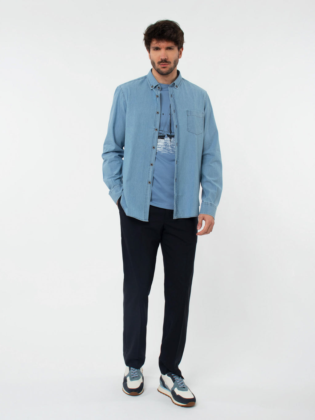 Regular fit melange flat front trousers